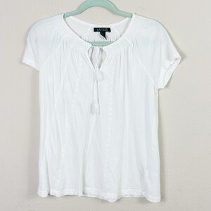 Lauren Ralph Lauren White Top Tie Tassel Neck 100% cotton size small